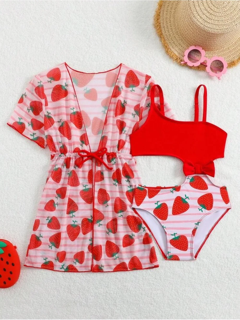 Girls Strawberry Print Red 3-Piece One-Piece Swim Set